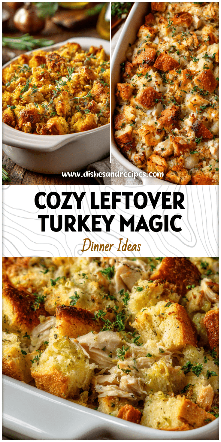 Creamy turkey and stuffing casserole in a baking dish topped with herbs perfect for holiday leftovers